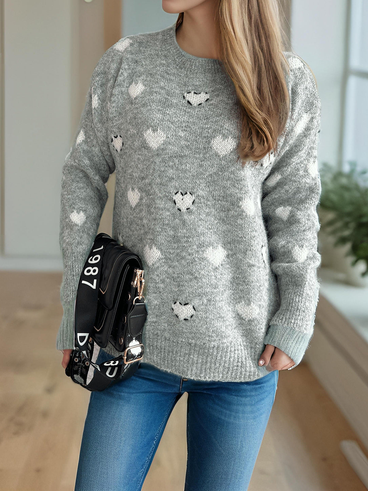 Fluffy Heart Motif Drop Shoulder Jumper - Grey - 3