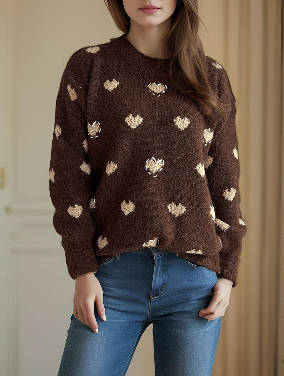 Fluffy Heart Motif Drop Shoulder Jumper