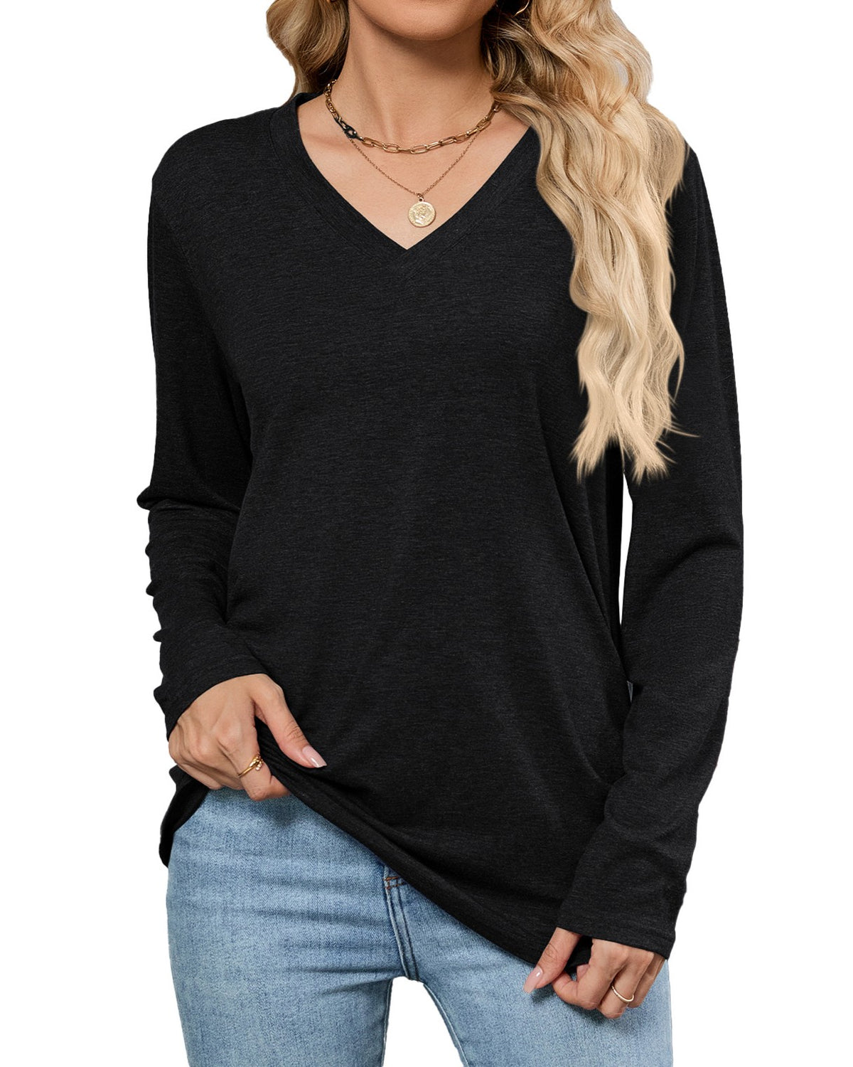 Relaxed V Neck Long Sleeve Tee - C1