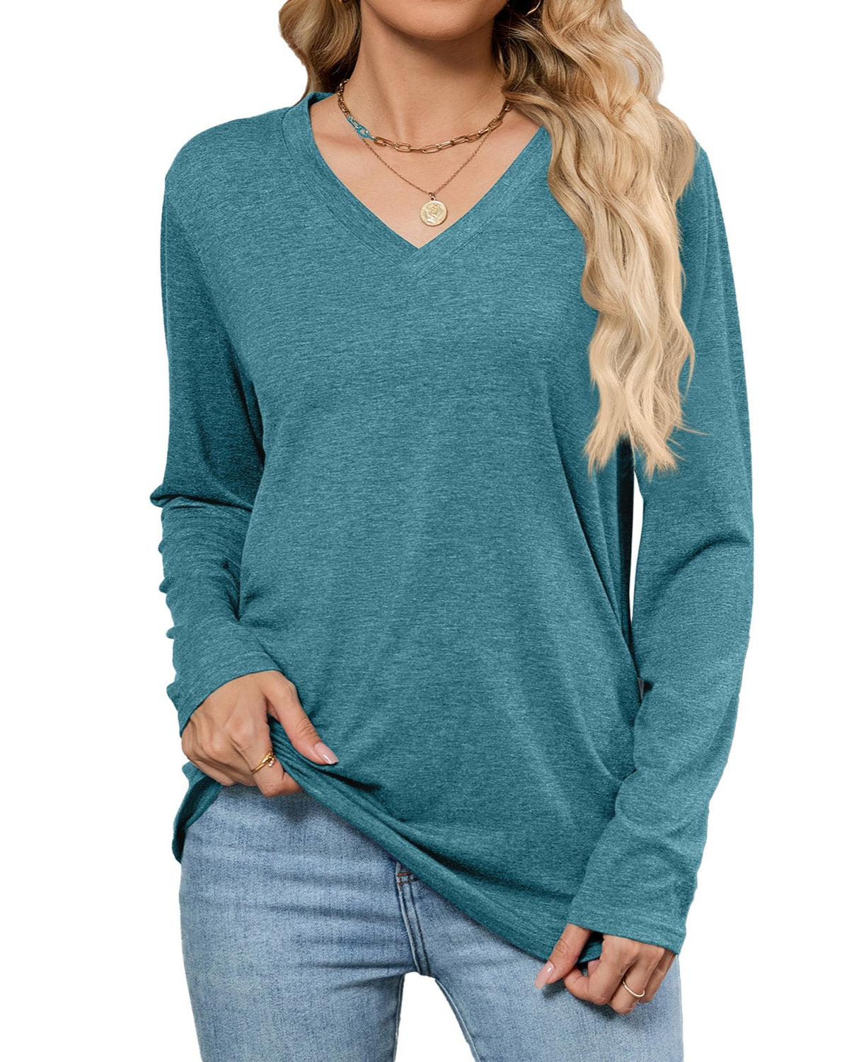 Relaxed V Neck Long Sleeve Tee - C5