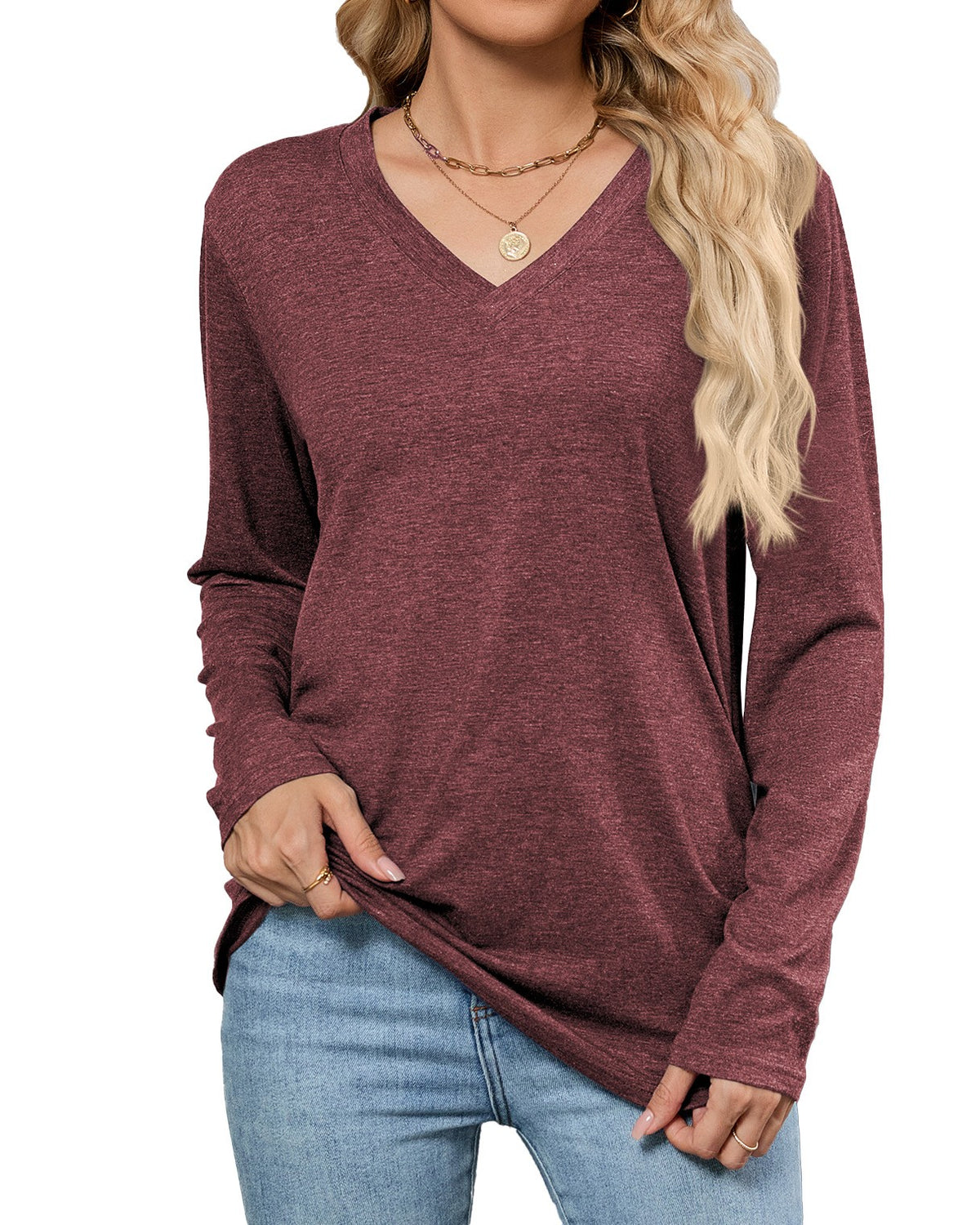 Relaxed V Neck Long Sleeve Tee - C7 - 1
