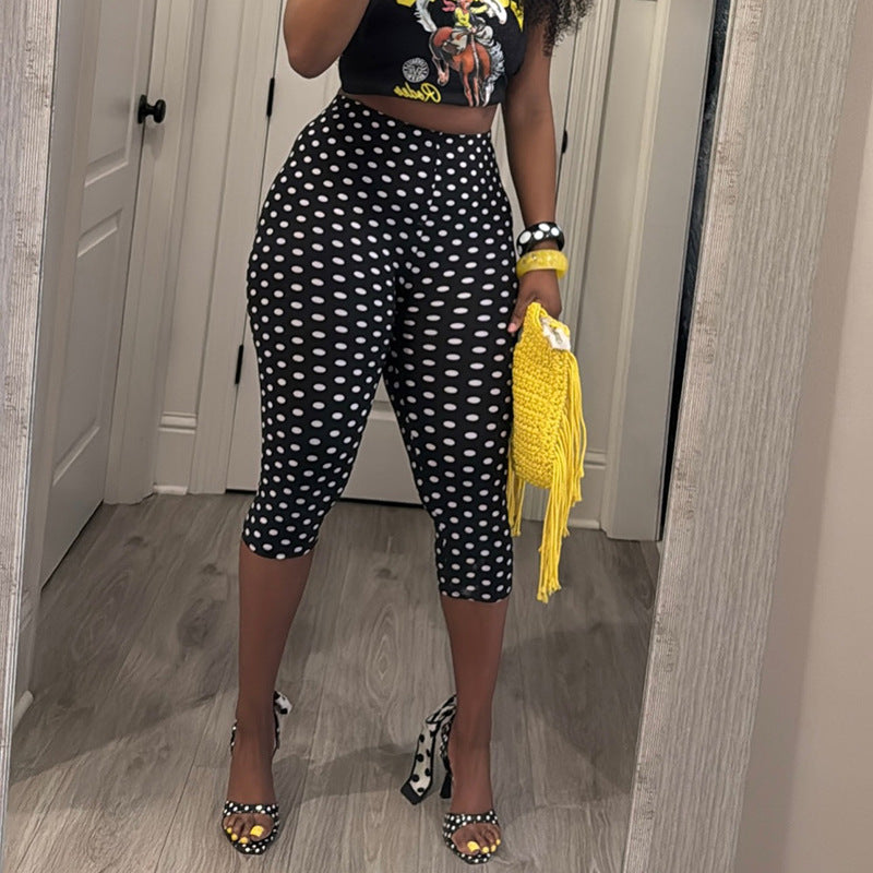 Cropped Stretch Pants In Retro Polka Dot - Black