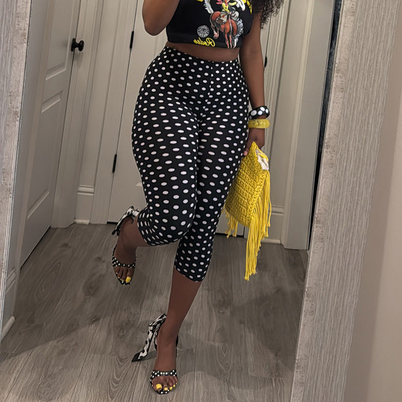Cropped Stretch Pants In Retro Polka Dot - Black - 2