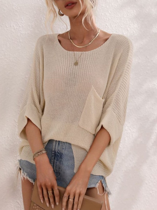 Oversized Patch Pocket Lightweight Knit Sweater - Apricot