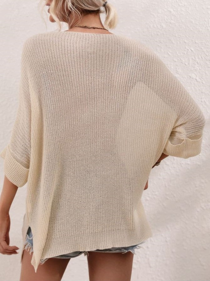 Oversized Patch Pocket Lightweight Knit Sweater - Apricot - 1