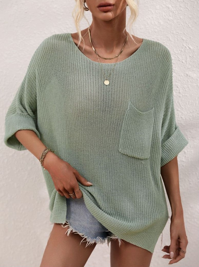 Oversized Patch Pocket Lightweight Knit Sweater - Green - 1