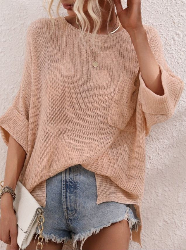 Oversized Patch Pocket Lightweight Knit Sweater - Pink - 1