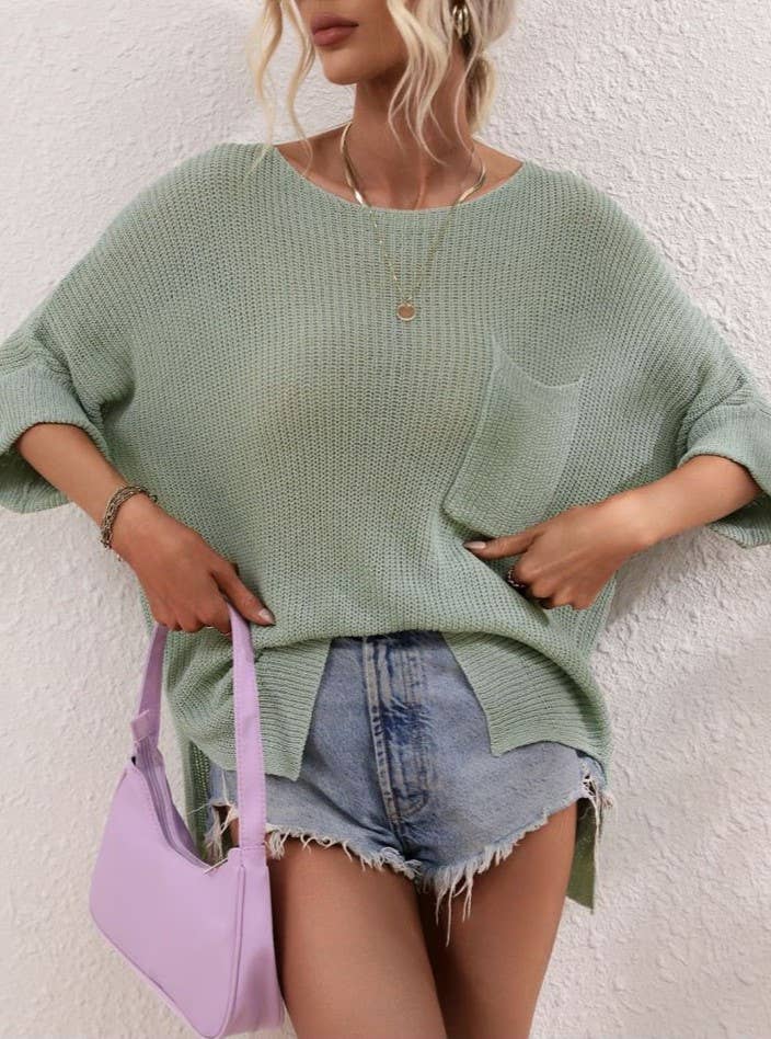 Oversized Patch Pocket Lightweight Knit Sweater