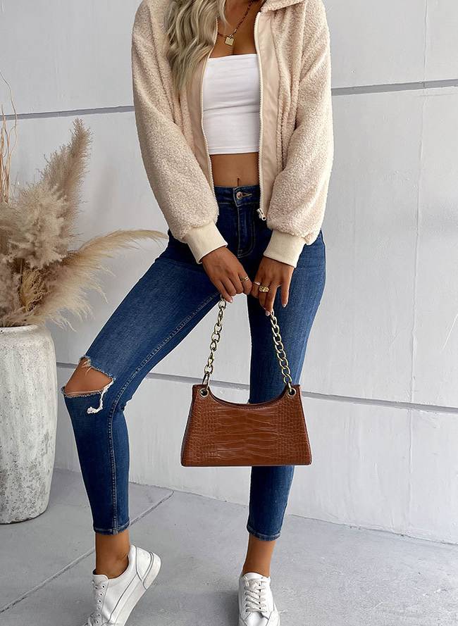 Teddy Fleece Zip Up Collared Jacket - Apricot