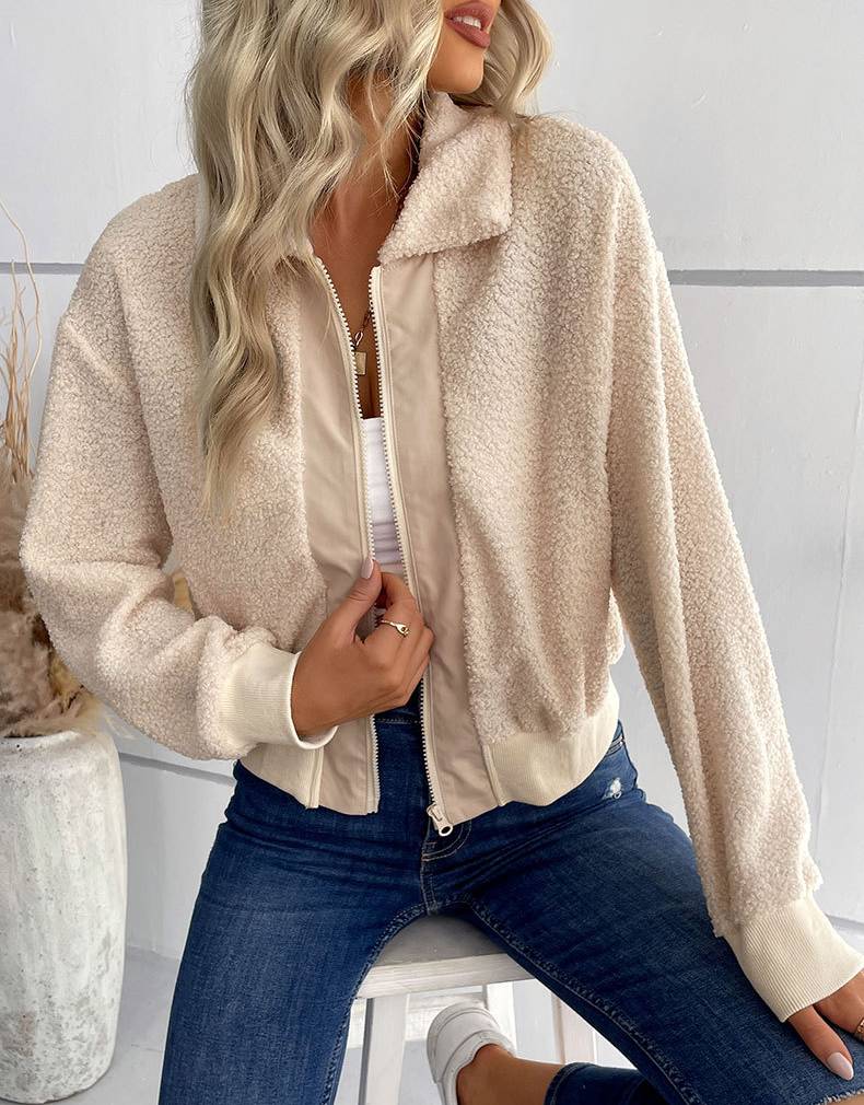 Teddy Fleece Zip Up Collared Jacket - Apricot - 3