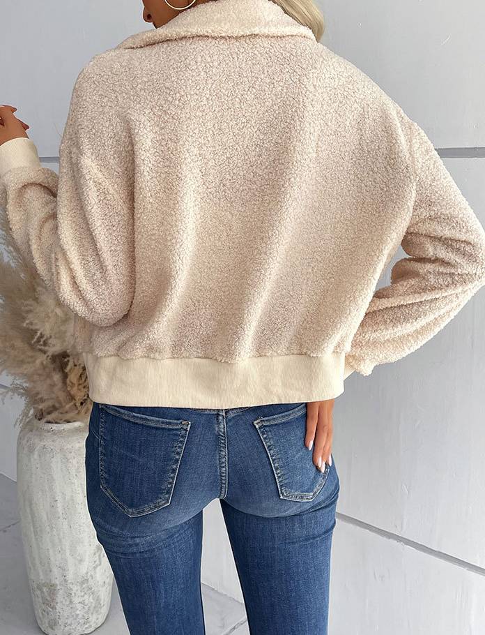 Teddy Fleece Zip Up Collared Jacket - Apricot - 5