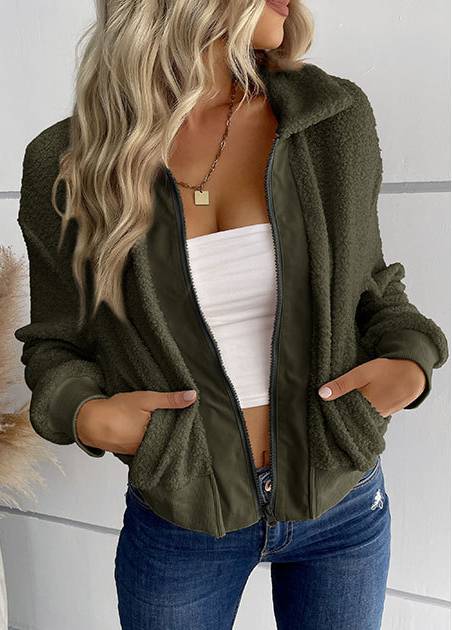 Teddy Fleece Zip Up Collared Jacket - Green