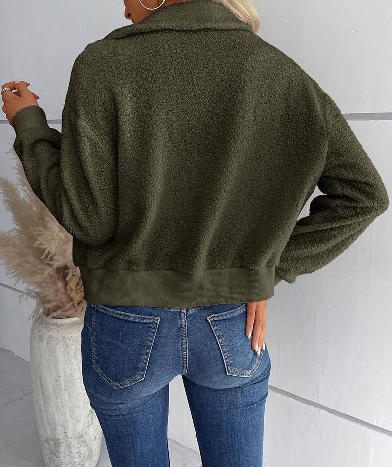 Teddy Fleece Zip Up Collared Jacket - Green - 1