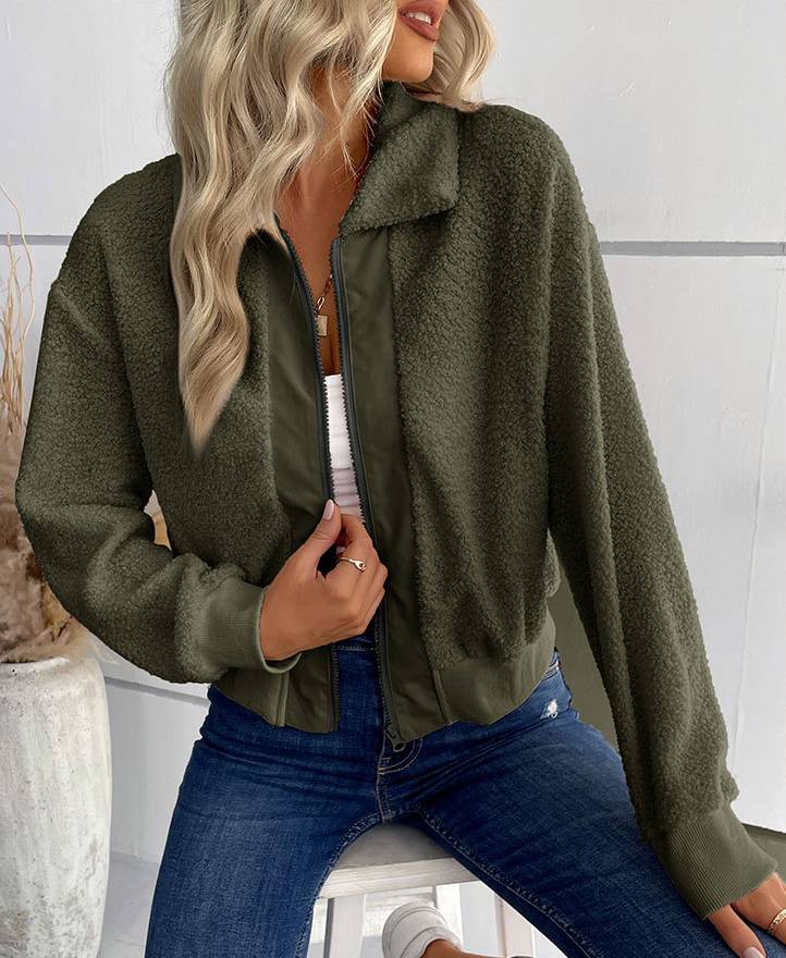 Teddy Fleece Zip Up Collared Jacket - Green - 3