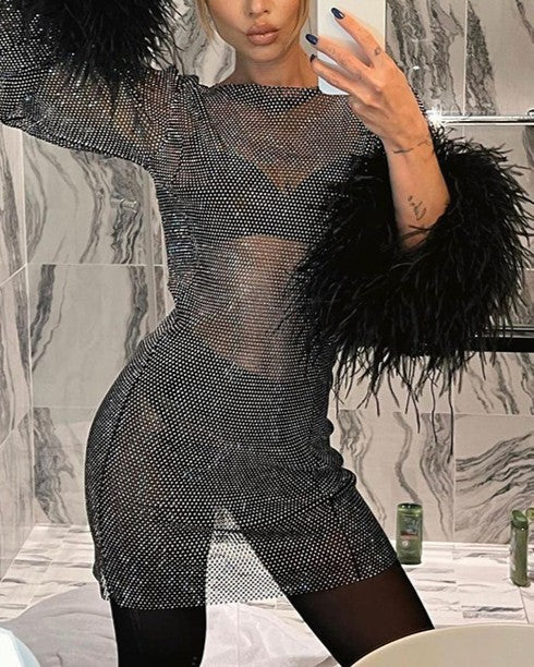 Rhinestone Mesh Mini Dress With Feather Trim - Black