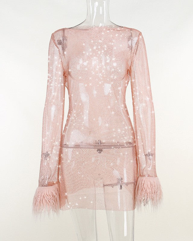 Rhinestone Mesh Mini Dress With Feather Trim - Pink