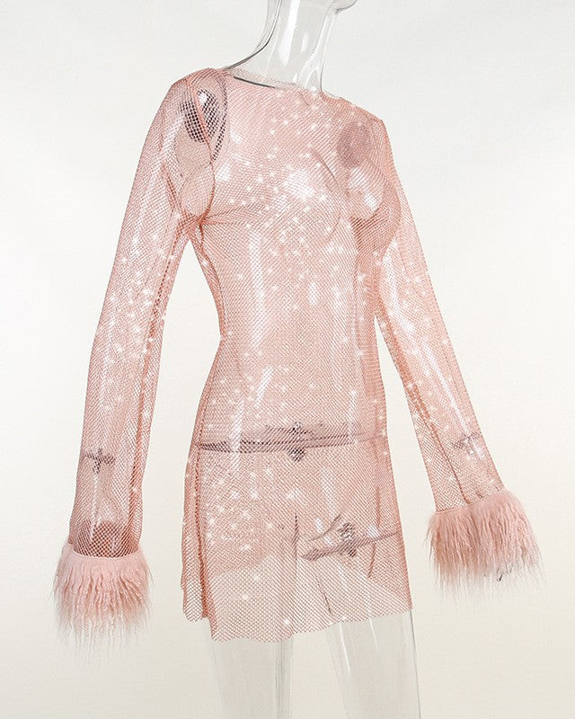 Rhinestone Mesh Mini Dress With Feather Trim - Pink - 1
