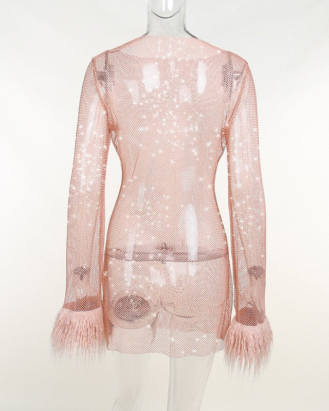 Rhinestone Mesh Mini Dress With Feather Trim - Pink - 2