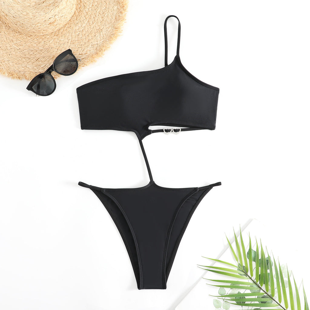 One Shoulder Cut Out One Piece Swimsuit - Black - 2
