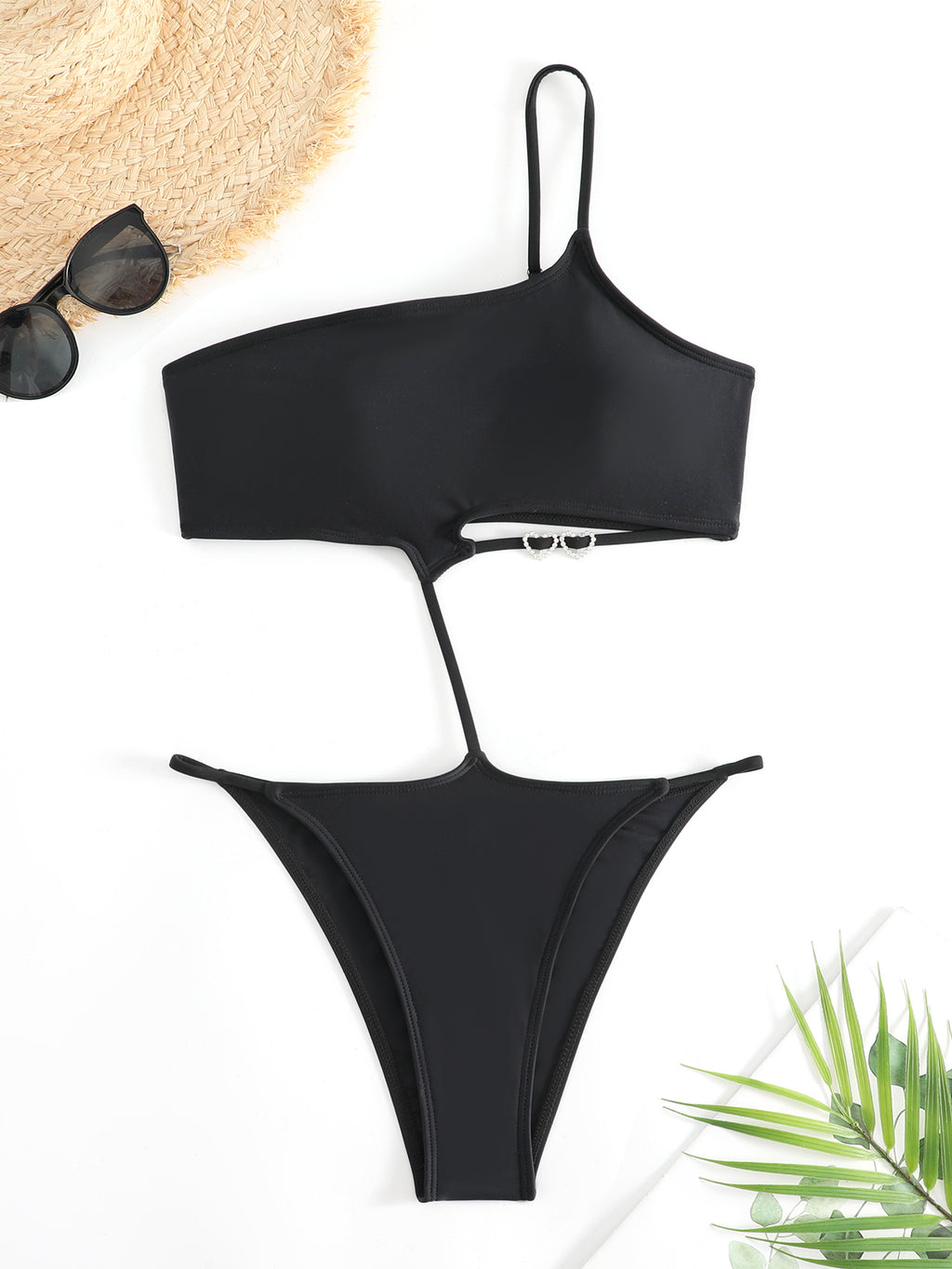 One Shoulder Cut Out One Piece Swimsuit - Black - 5
