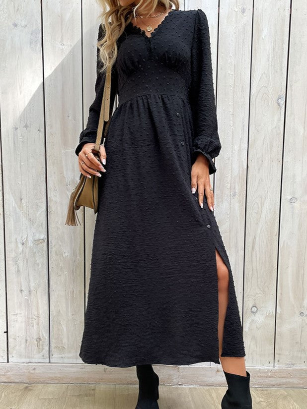 Textured Jacquard V Neck Split Maxi Dress - Black