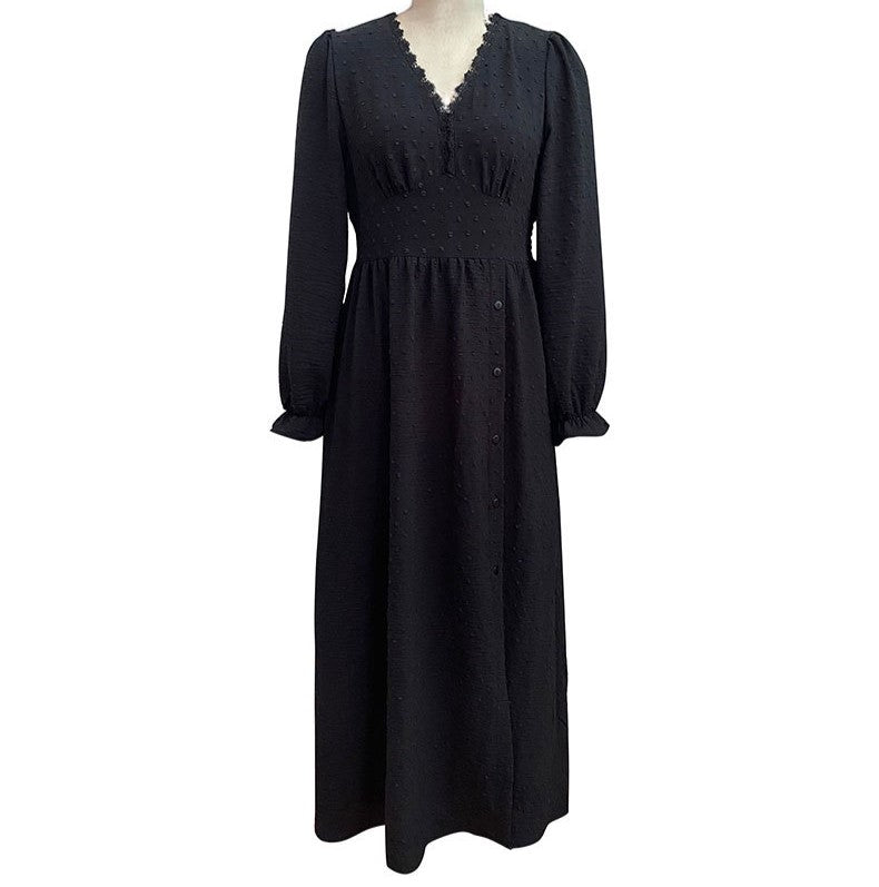 Textured Jacquard V Neck Split Maxi Dress - Black - 1