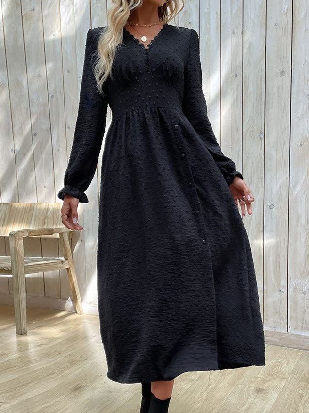 Textured Jacquard V Neck Split Maxi Dress - Black - 2