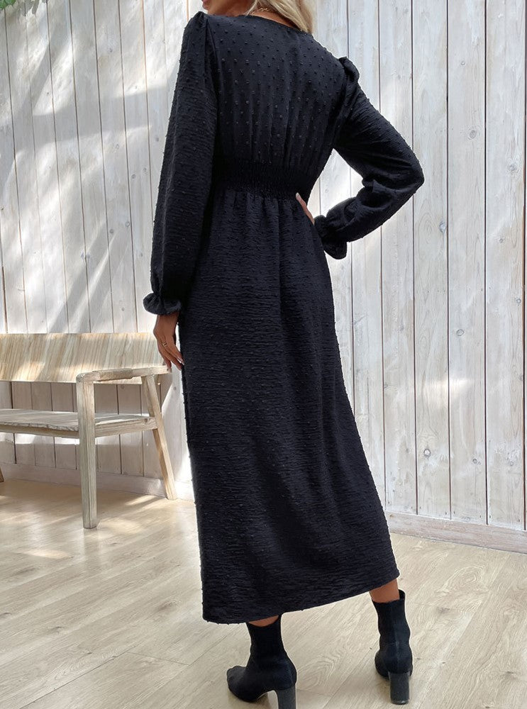 Textured Jacquard V Neck Split Maxi Dress - Black - 3