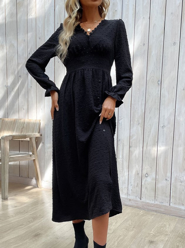 Textured Jacquard V Neck Split Maxi Dress - Black - 6