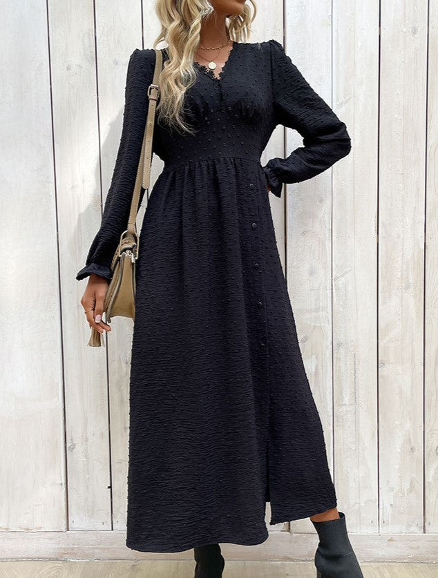 Textured Jacquard V Neck Split Maxi Dress