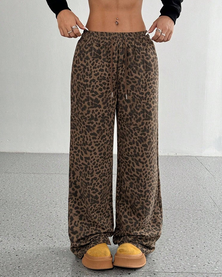 Wide Leg Leopard Pants With Drawstring Waist - Brown