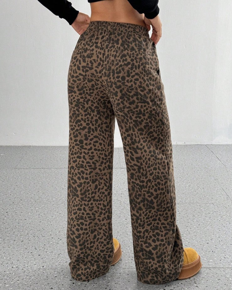 Wide Leg Leopard Pants With Drawstring Waist - Brown - 2