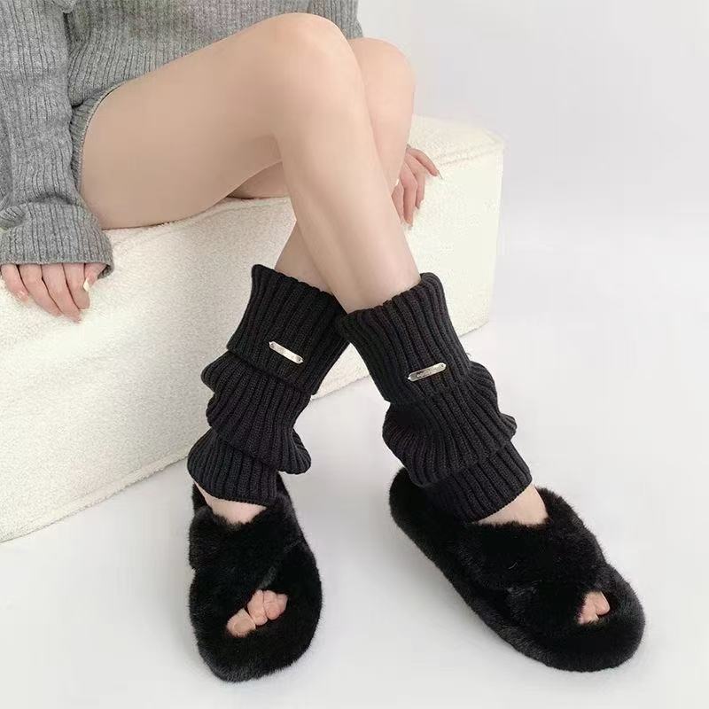 Ribbed Knit Slouch Leg Warmers - Black