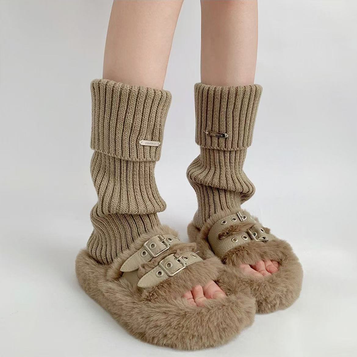 Ribbed Knit Slouch Leg Warmers - Khaki