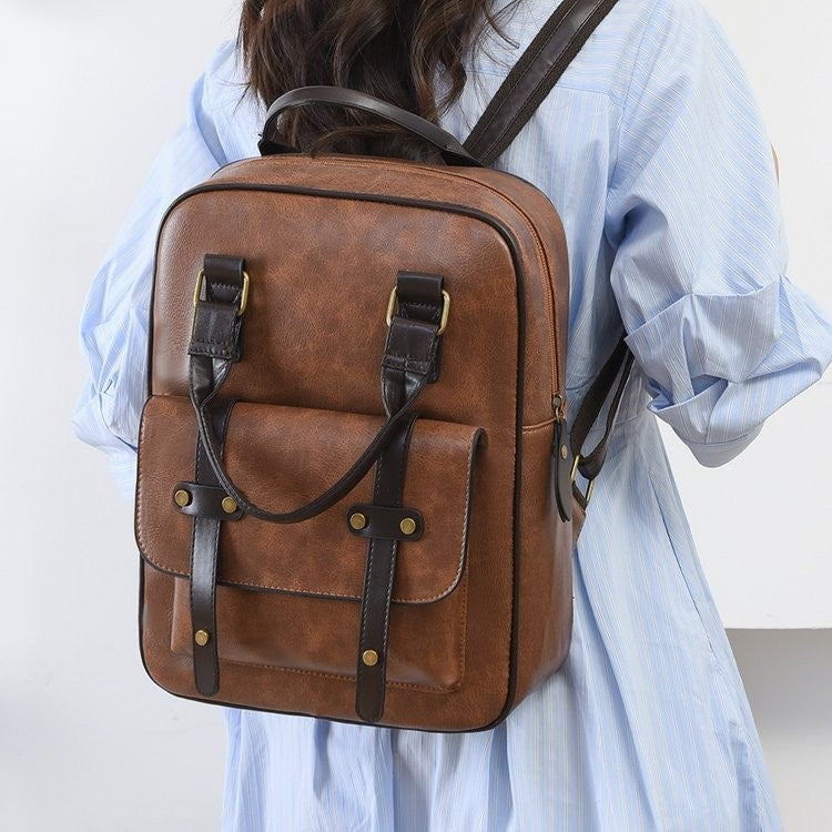 Vintage Buckle Strap Convertible Backpack - Cognac
