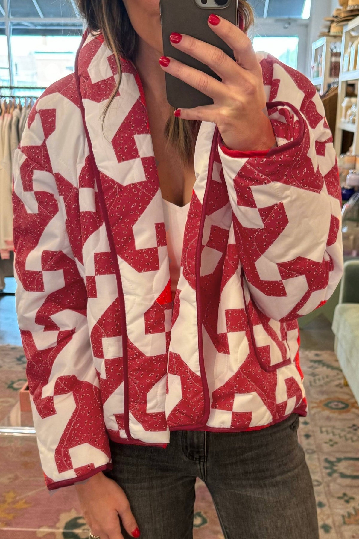 Pinwheel Patchwork Print Quilted Jacket - Red