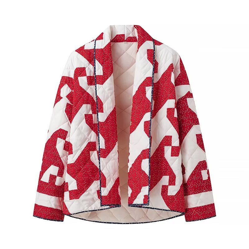 Pinwheel Patchwork Print Quilted Jacket - Red - 1