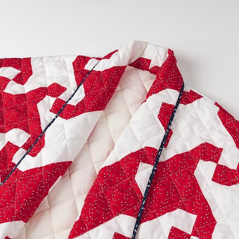 Pinwheel Patchwork Print Quilted Jacket - Red - 3