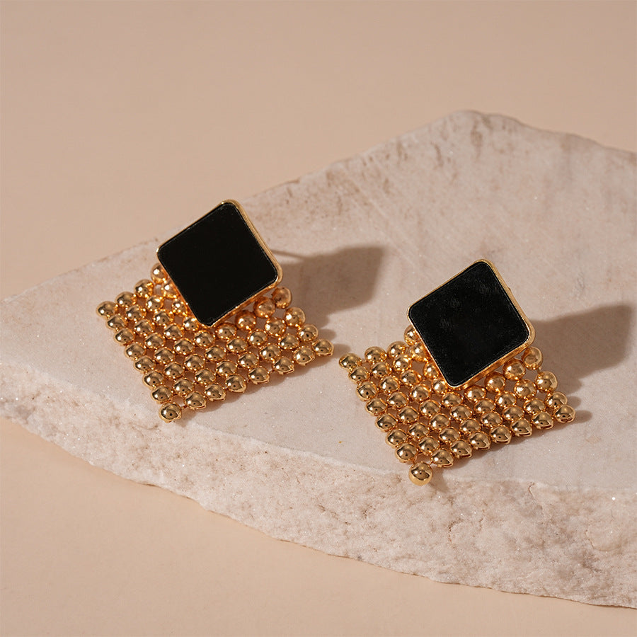 Woven Mesh Square Stud Earrings - Black