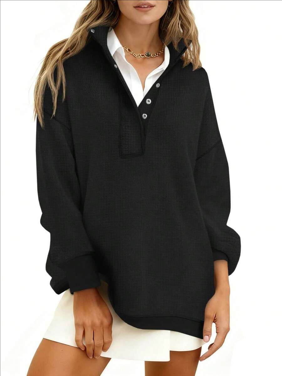 Quarter Button Stand Collar Oversized Sweatshirt - Black