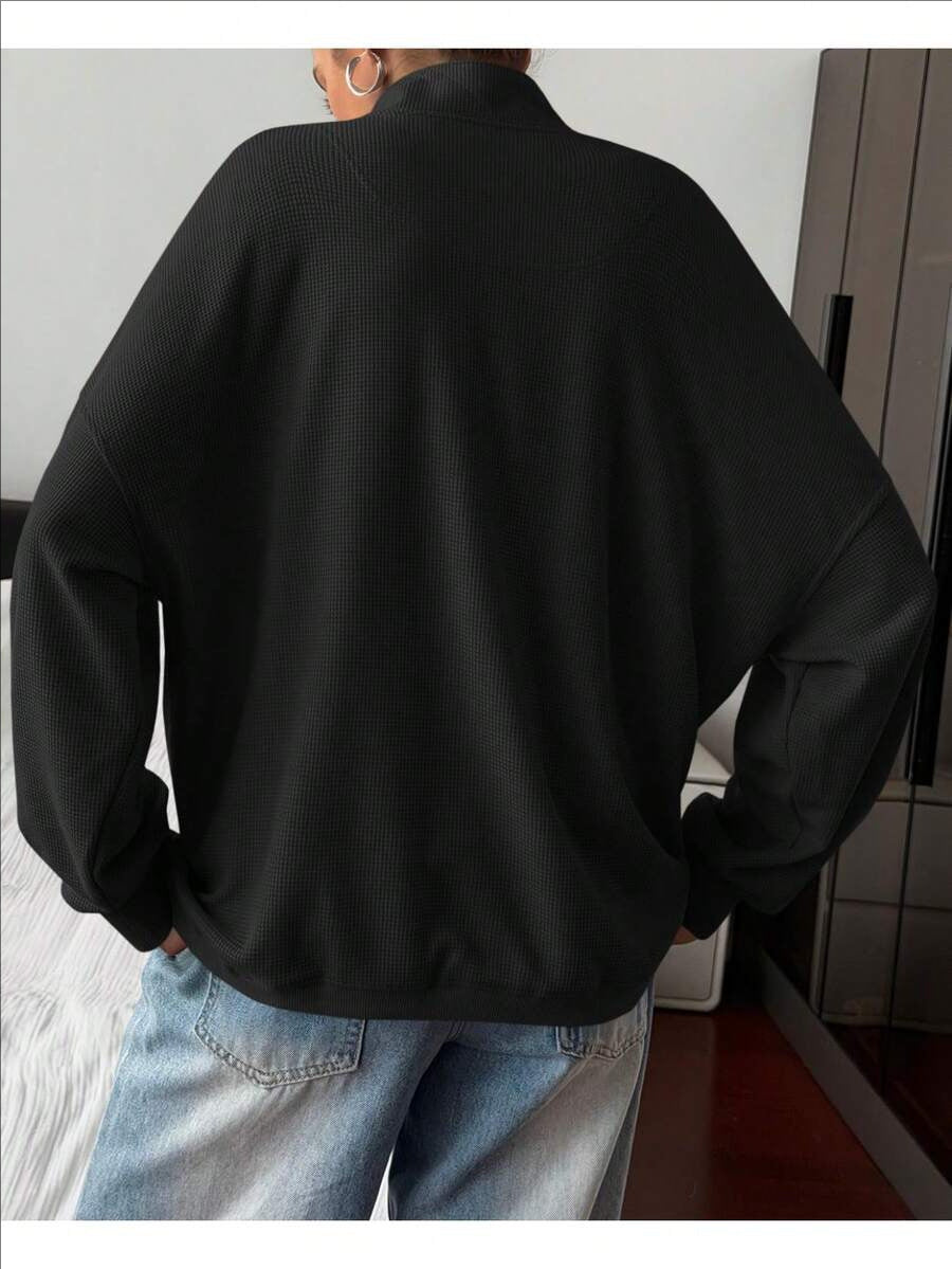 Quarter Button Stand Collar Oversized Sweatshirt - Black - 2