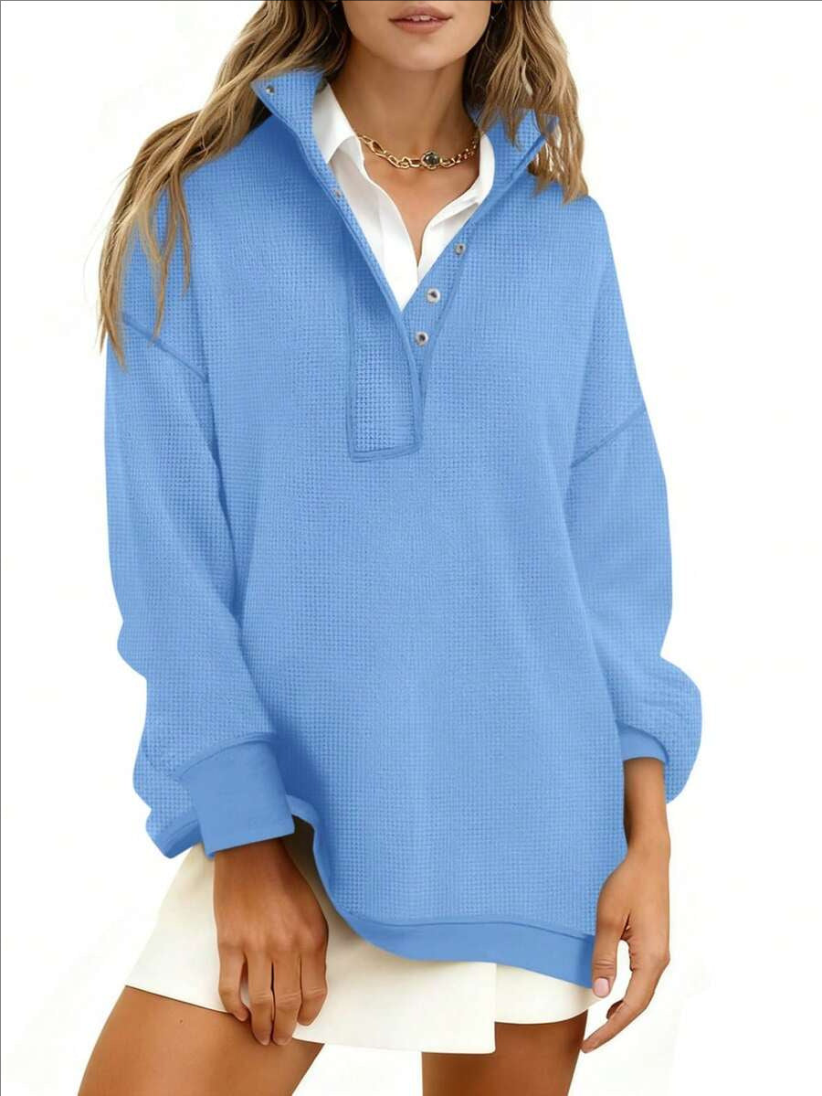 Quarter Button Stand Collar Oversized Sweatshirt - Blue