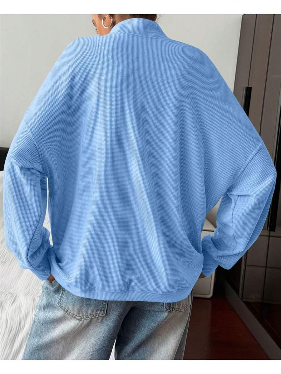 Quarter Button Stand Collar Oversized Sweatshirt - Blue - 1