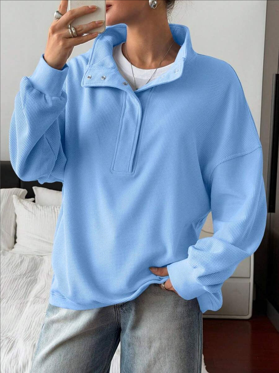 Quarter Button Stand Collar Oversized Sweatshirt - Blue - 2