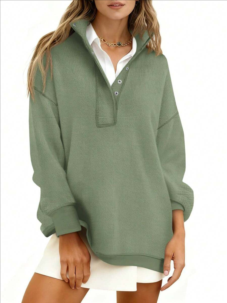 Quarter Button Stand Collar Oversized Sweatshirt - Green