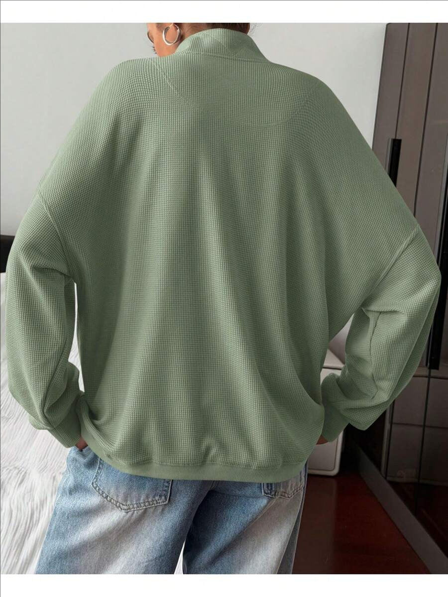 Quarter Button Stand Collar Oversized Sweatshirt - Green - 1