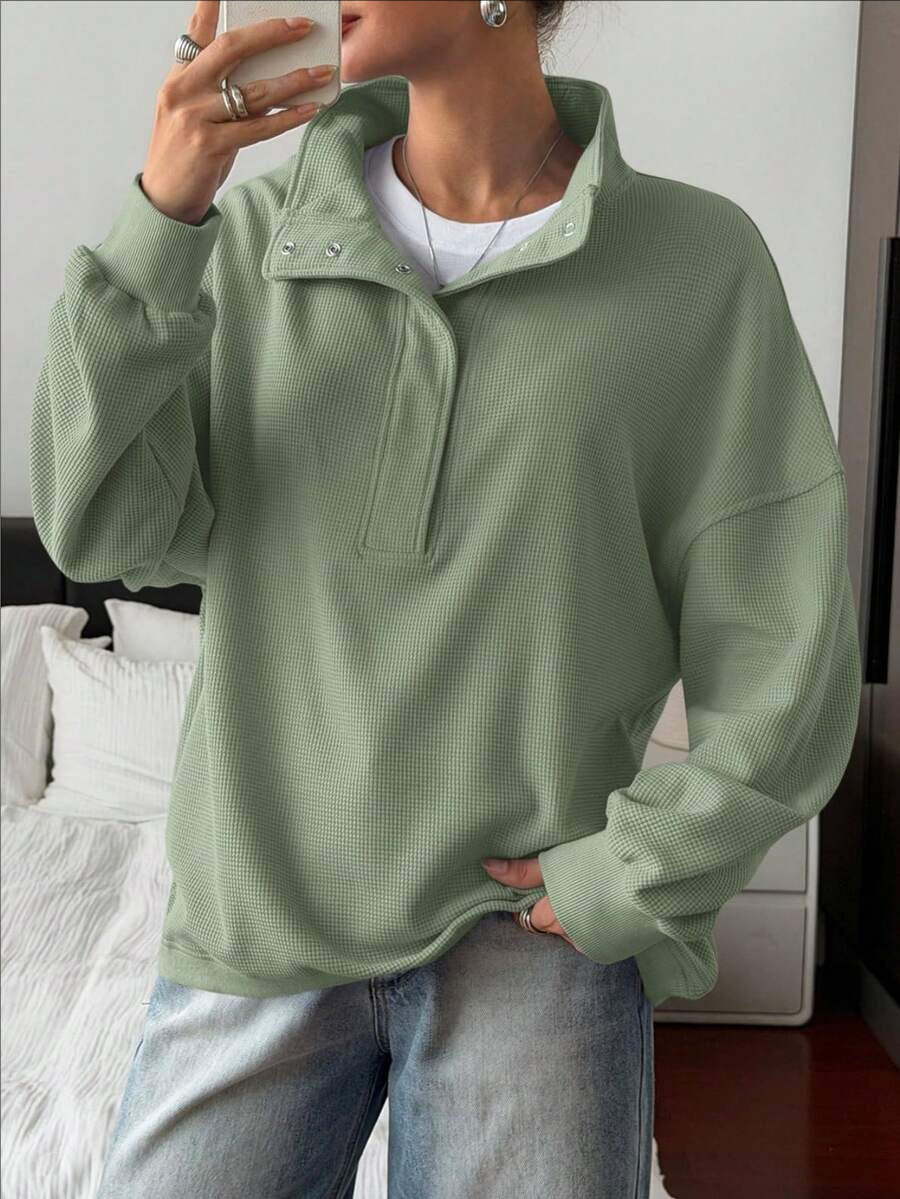 Quarter Button Stand Collar Oversized Sweatshirt - Green - 2