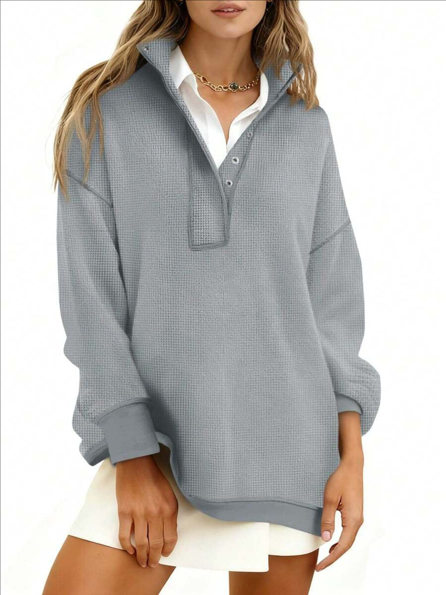 Quarter Button Stand Collar Oversized Sweatshirt - Grey