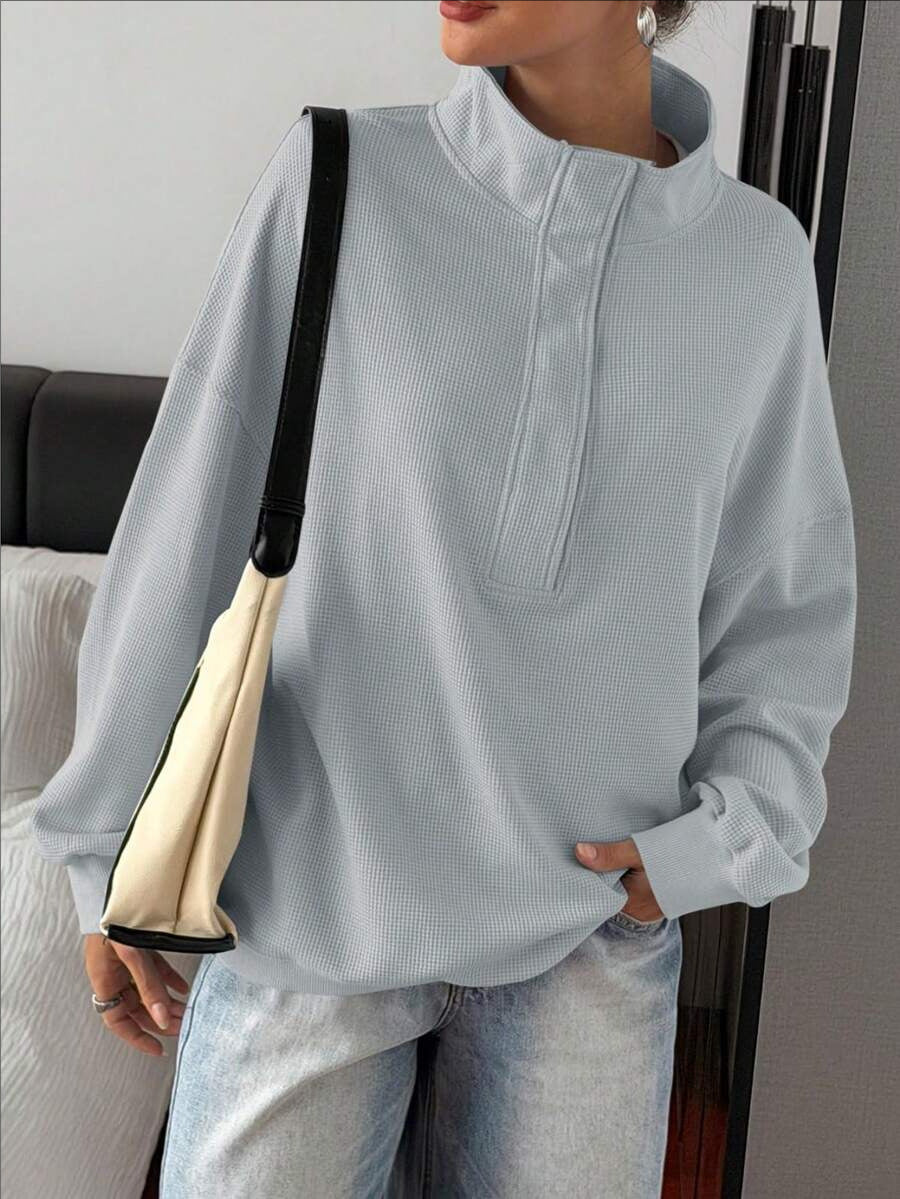 Quarter Button Stand Collar Oversized Sweatshirt - Grey - 1