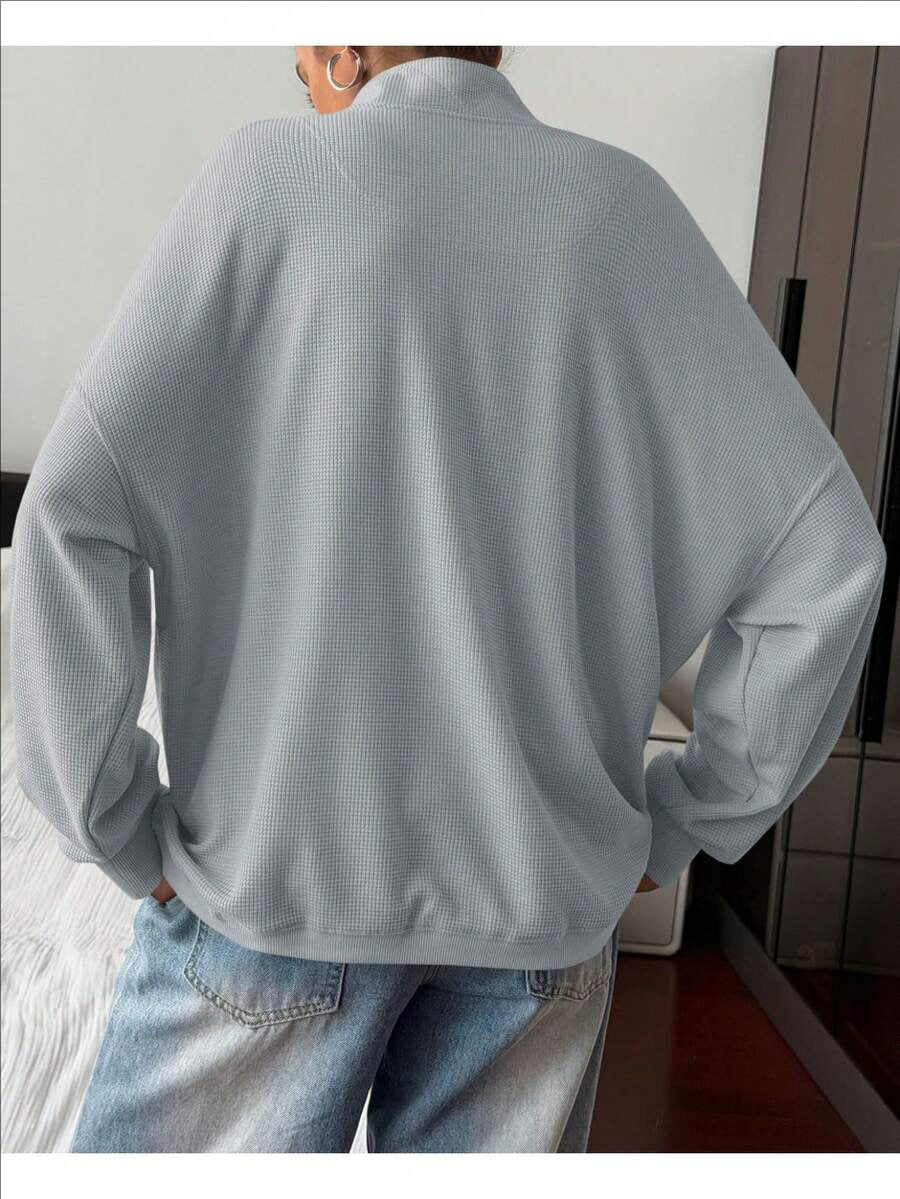 Quarter Button Stand Collar Oversized Sweatshirt - Grey - 2